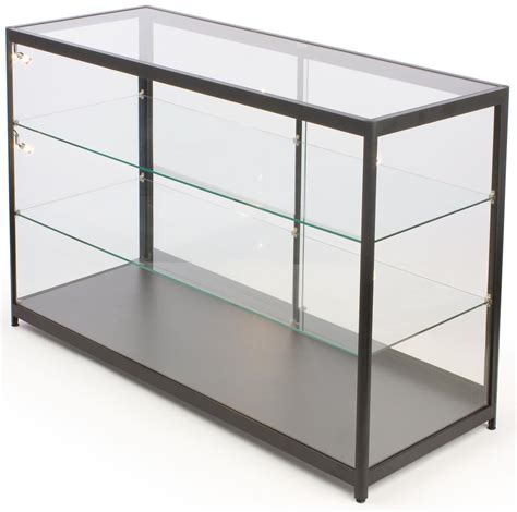 glass and metal display box|display case with glass shelves.